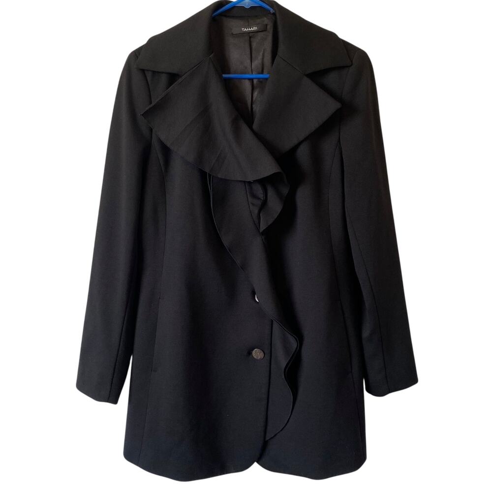TAHARI NWOT Black Medium Length Knit Winter Jacket Medium Ruffle Button Down